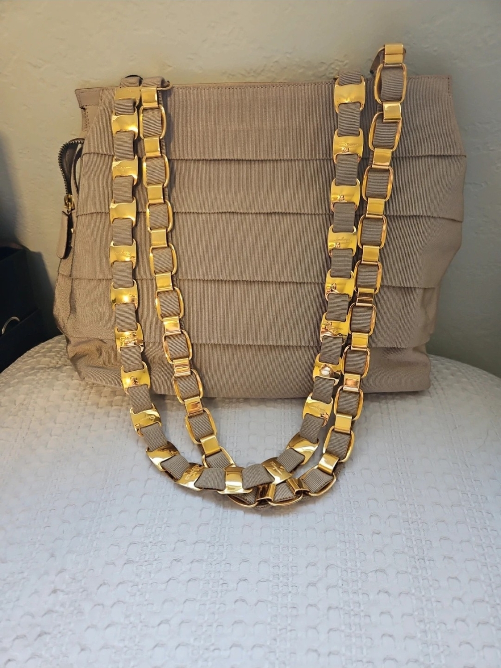 Salvatore Ferragamo Beige Shoulder Bag with Gold Chain Straps